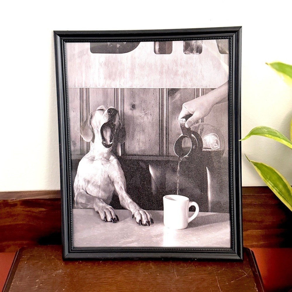 Tired Pup Yawning Dog Drinking Coffee Canvas Art Print Framed Wall Hanging Art